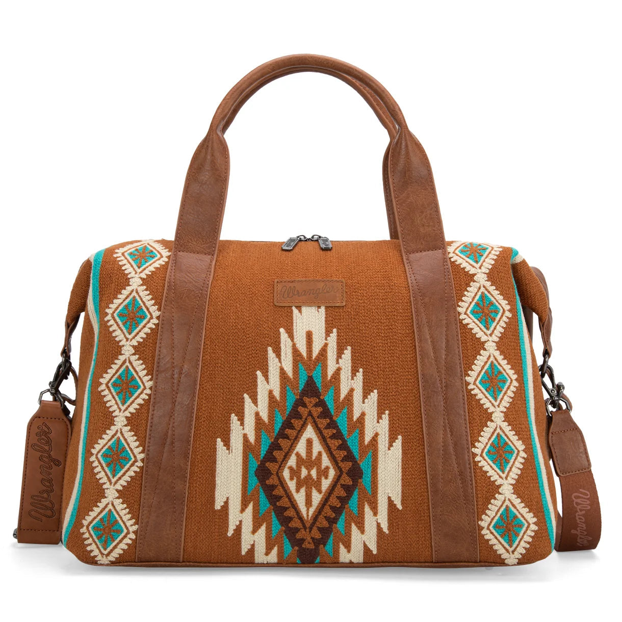 Trestles Clothing Company Southwestern weekender bag in brown tapestry fabric with Aztec patterns and faux leather trim